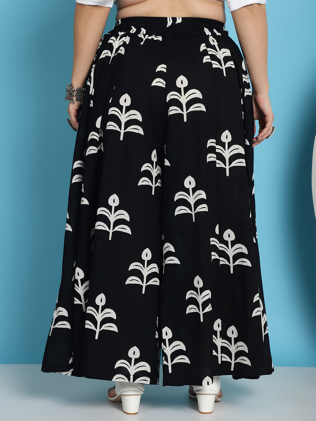 Black Block Print Cotton Flared Kali Palazzo