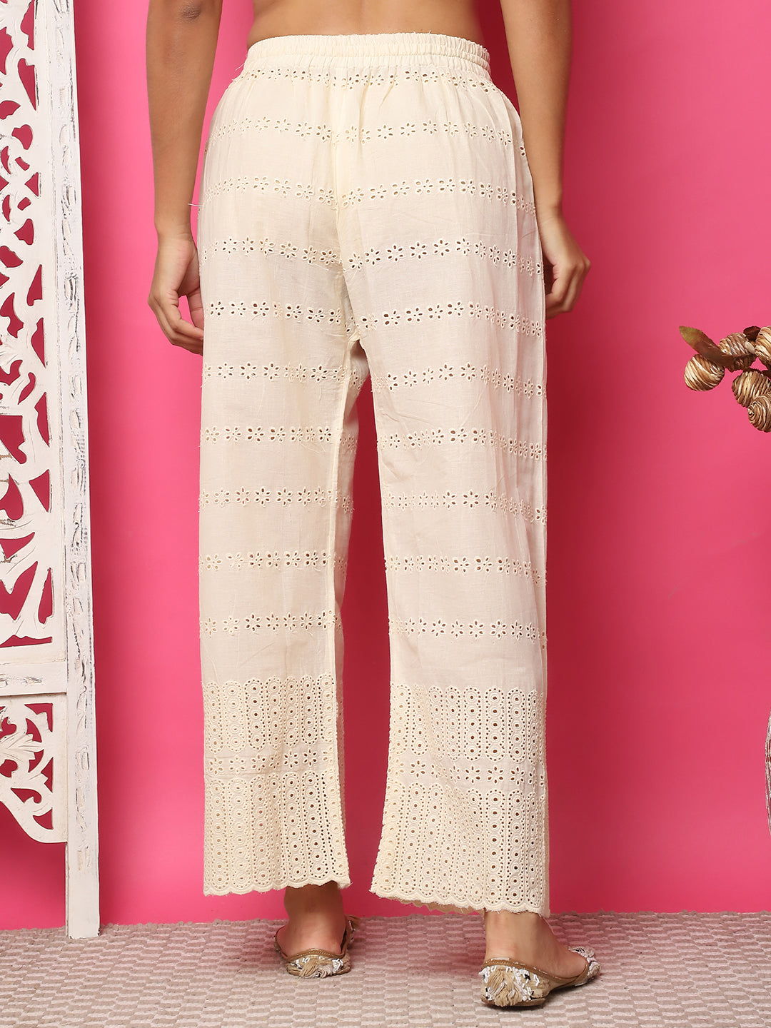 Cream Panel Flower Schiffli Cotton Palazzo