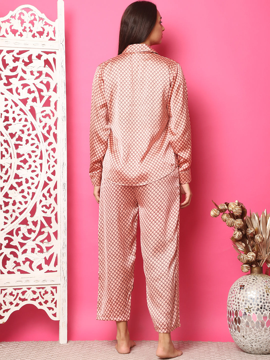 Salmon Pink Geometric Satin Co-Ord Set