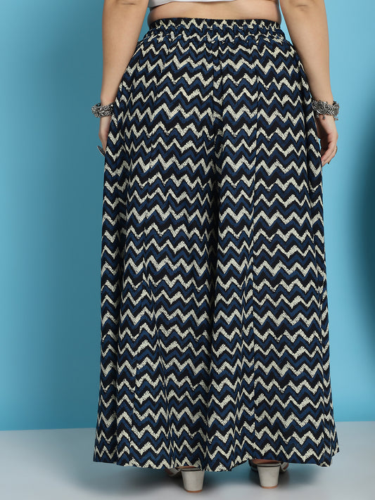 Blue Zig Zag Cotton Flared Kali Palazzo