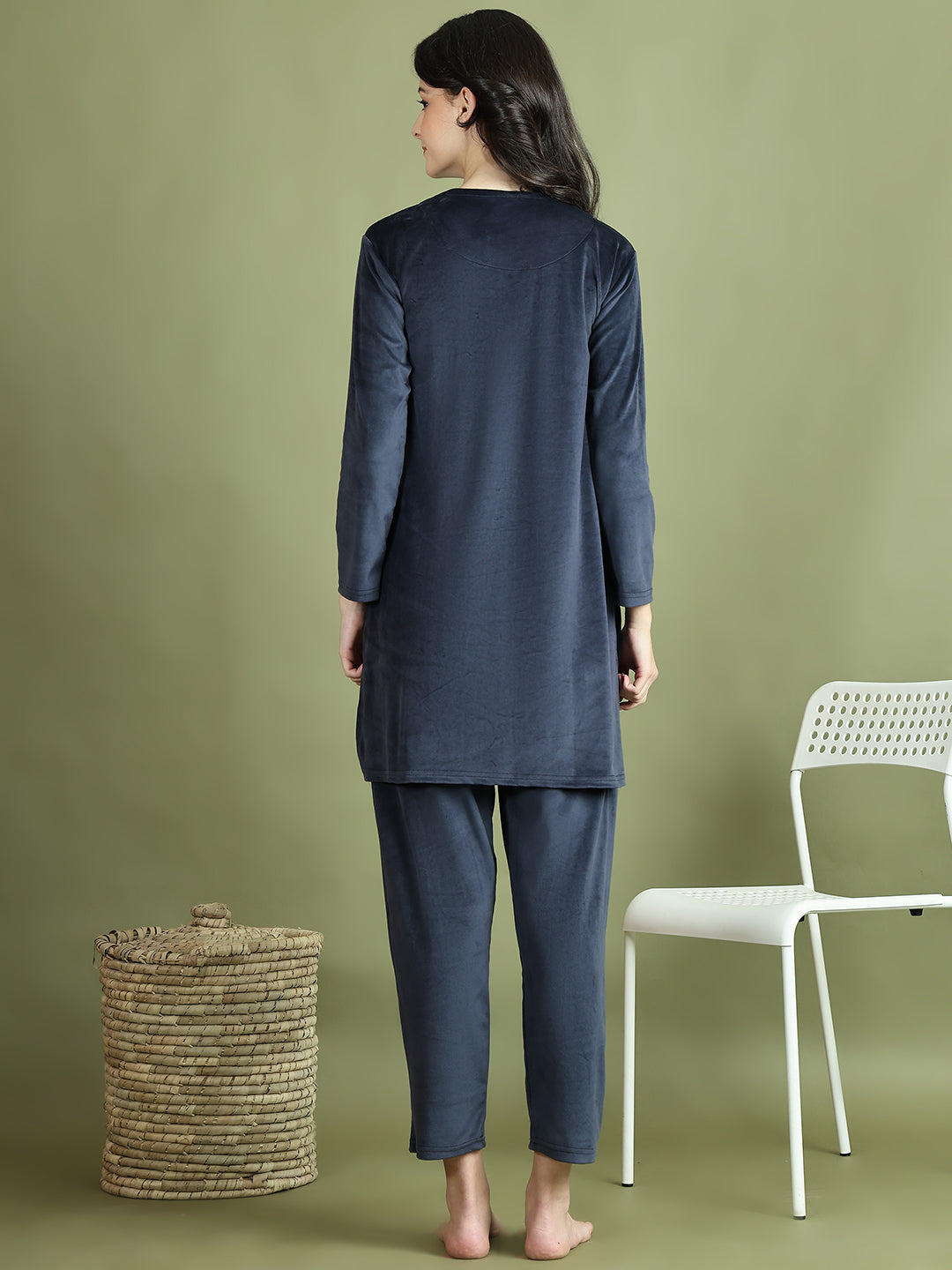 Navy Blue Embroidery Velvet Lounge Set
