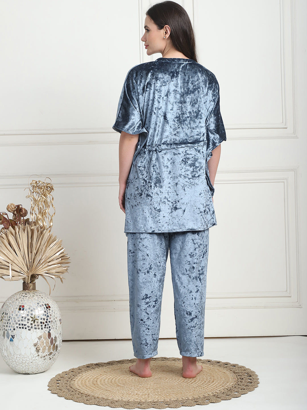 Metallic Blue Ice Velvet Kaftan Lounge Set