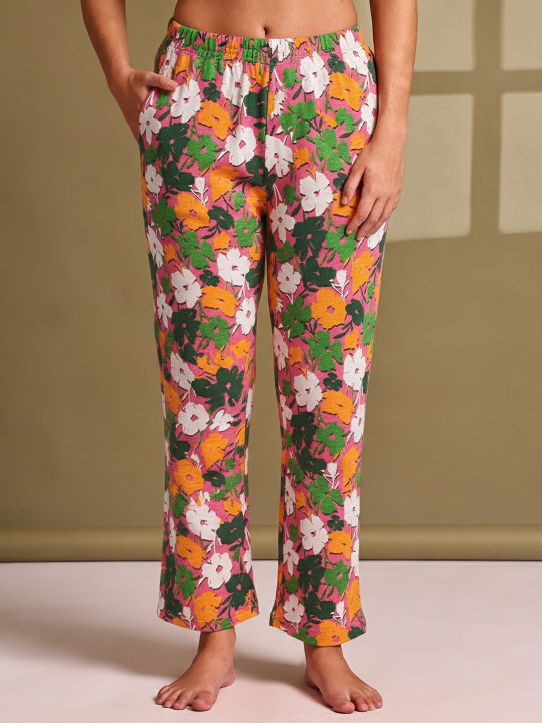 Pink Multi Flower Cotton Hosiery Lounge Pant