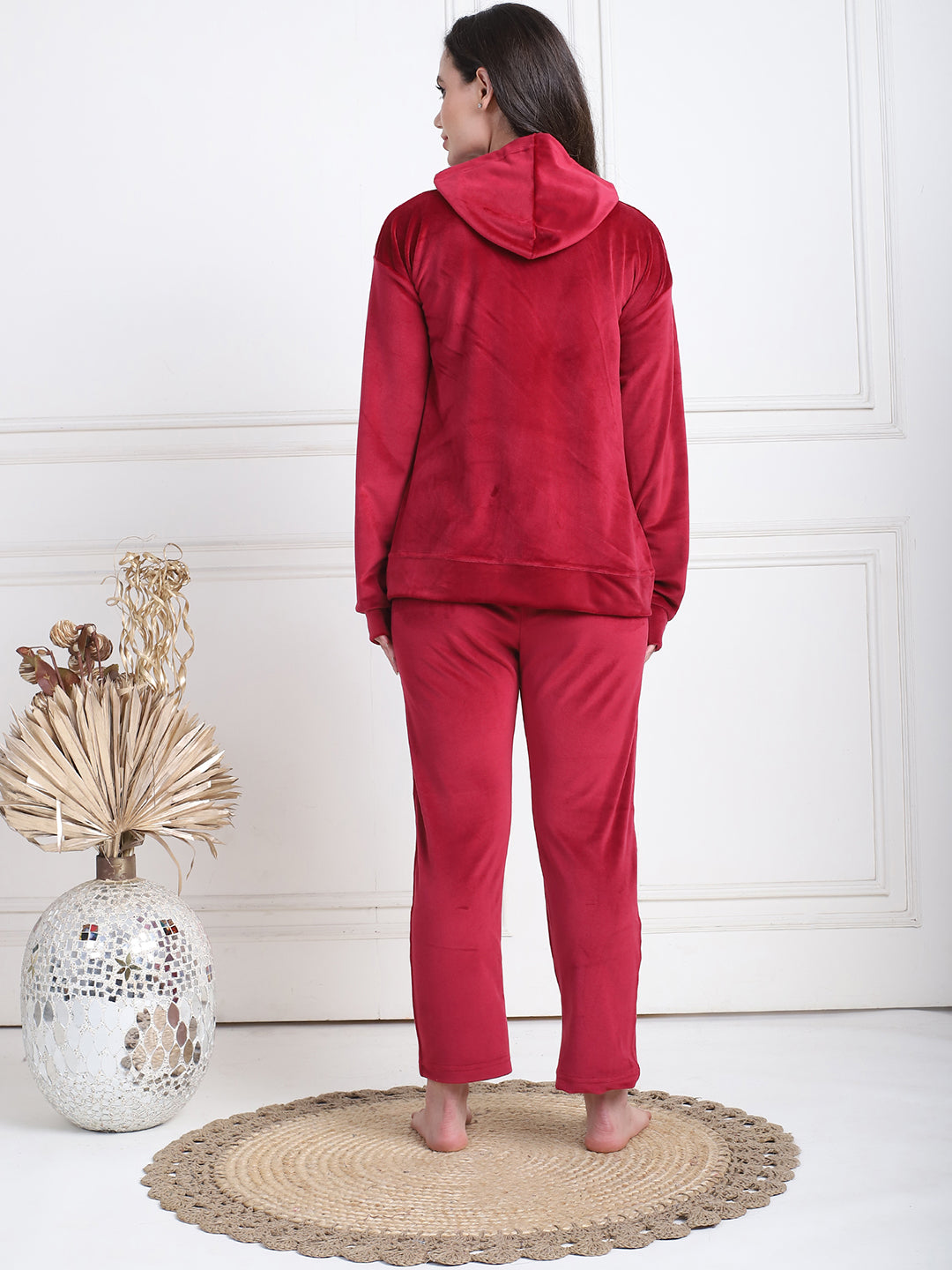 Maroon Velvet Hoodie Lounge Set