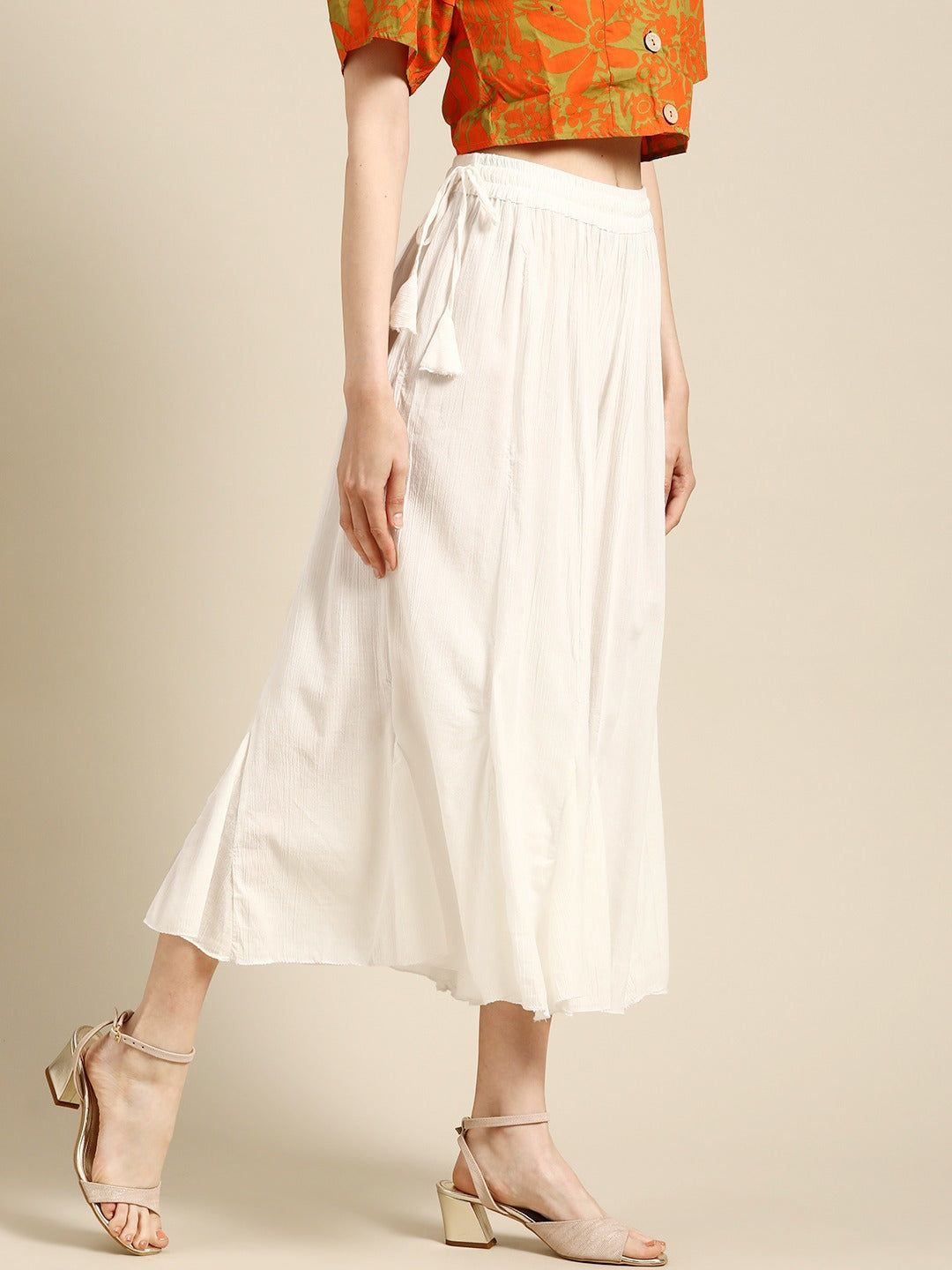 White rayon crushed flared palazzo