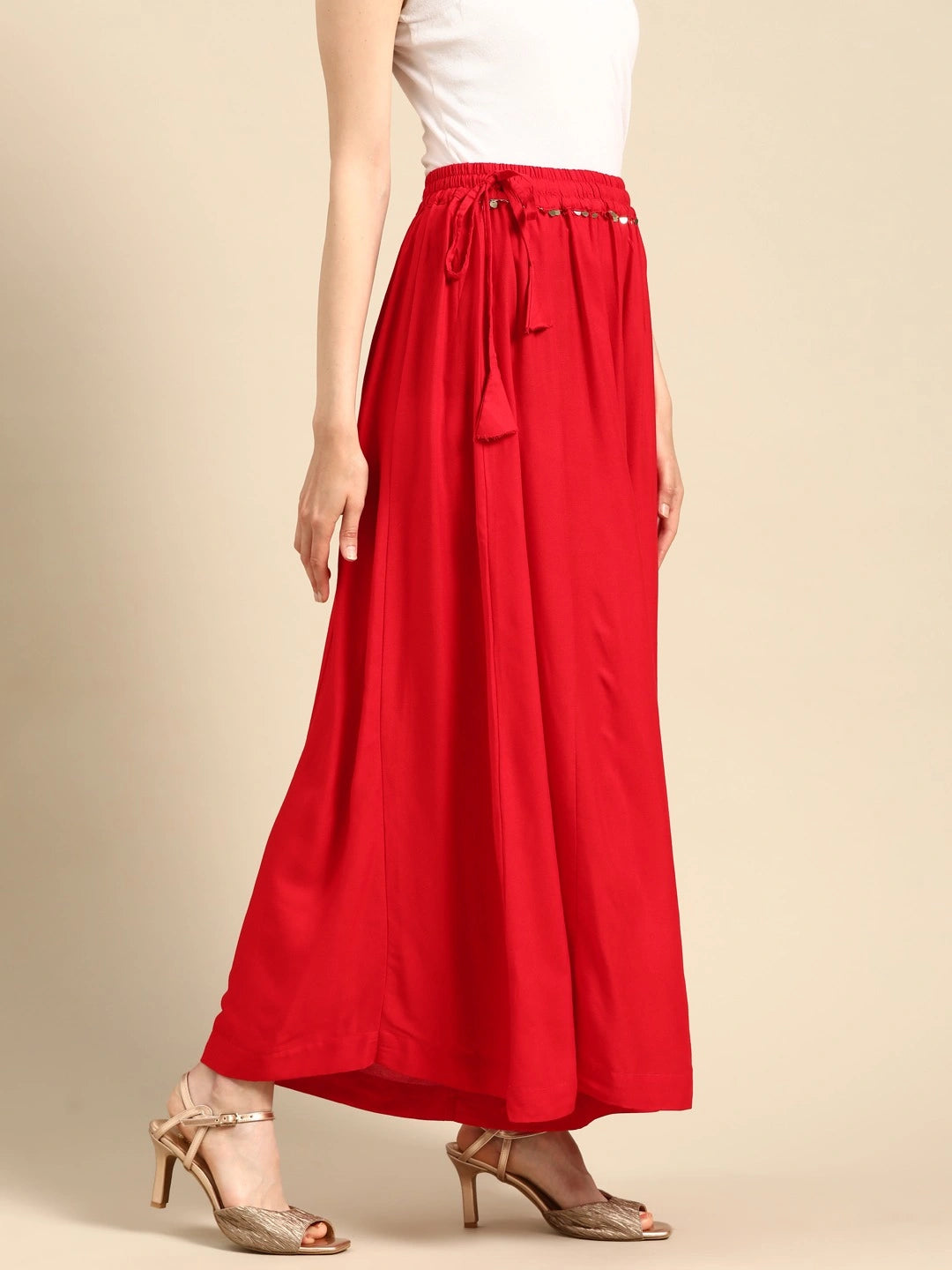 Red rayon double flared palazzo
