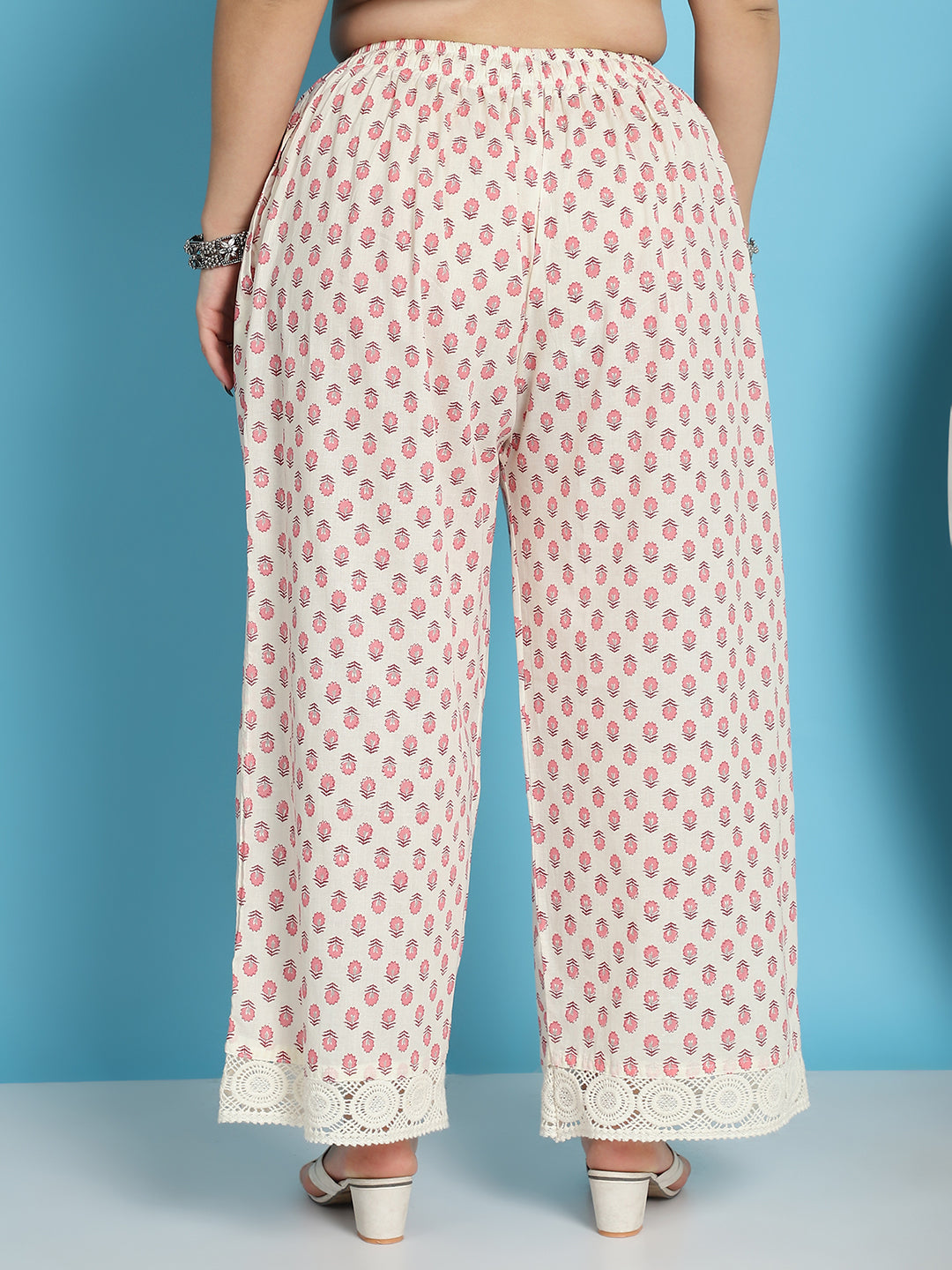 White Pink Booti Cotton Flax Crotchet Lace Palazzo
