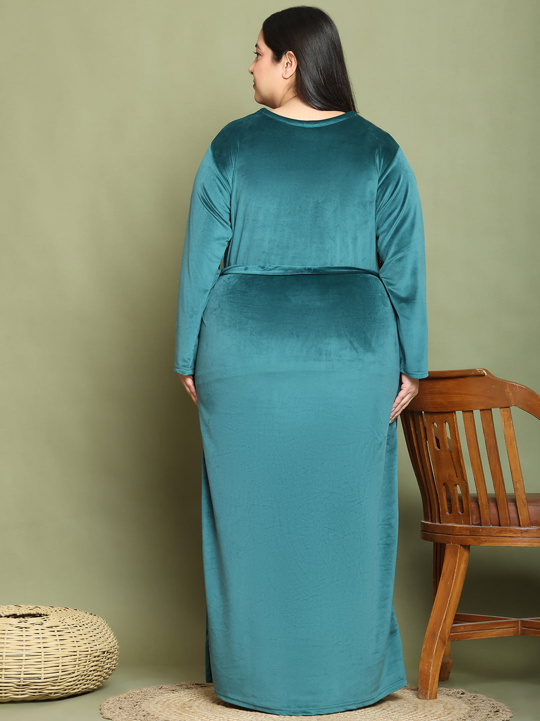 Bottle Green Embroidery Velvet Night Dress