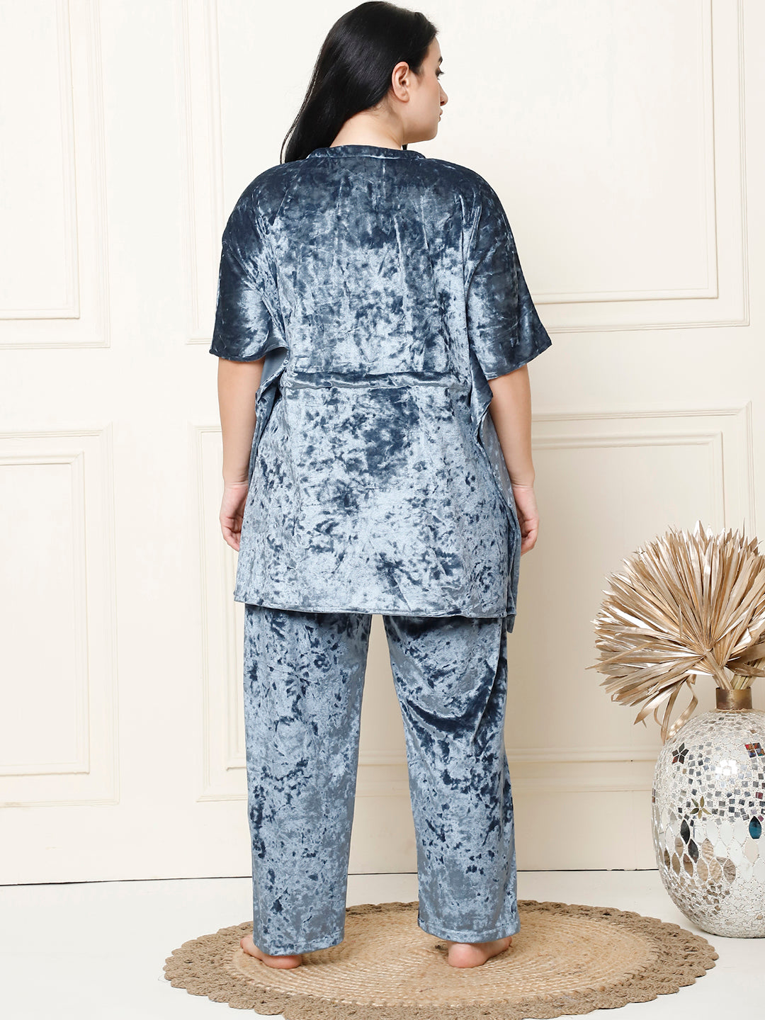 Metallic Blue Ice Velvet Kaftan Lounge Set