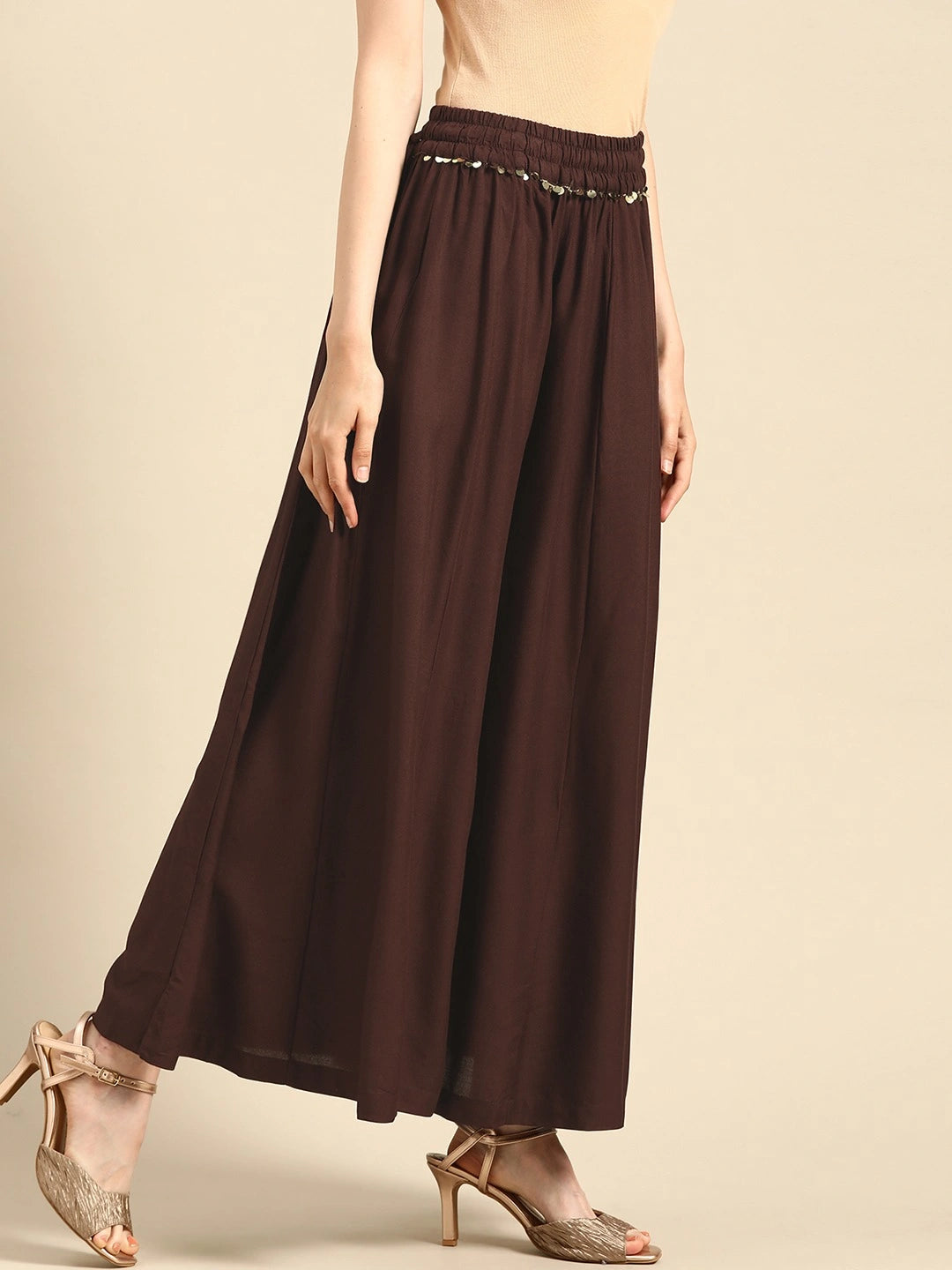 Brown rayon double flared palazzo