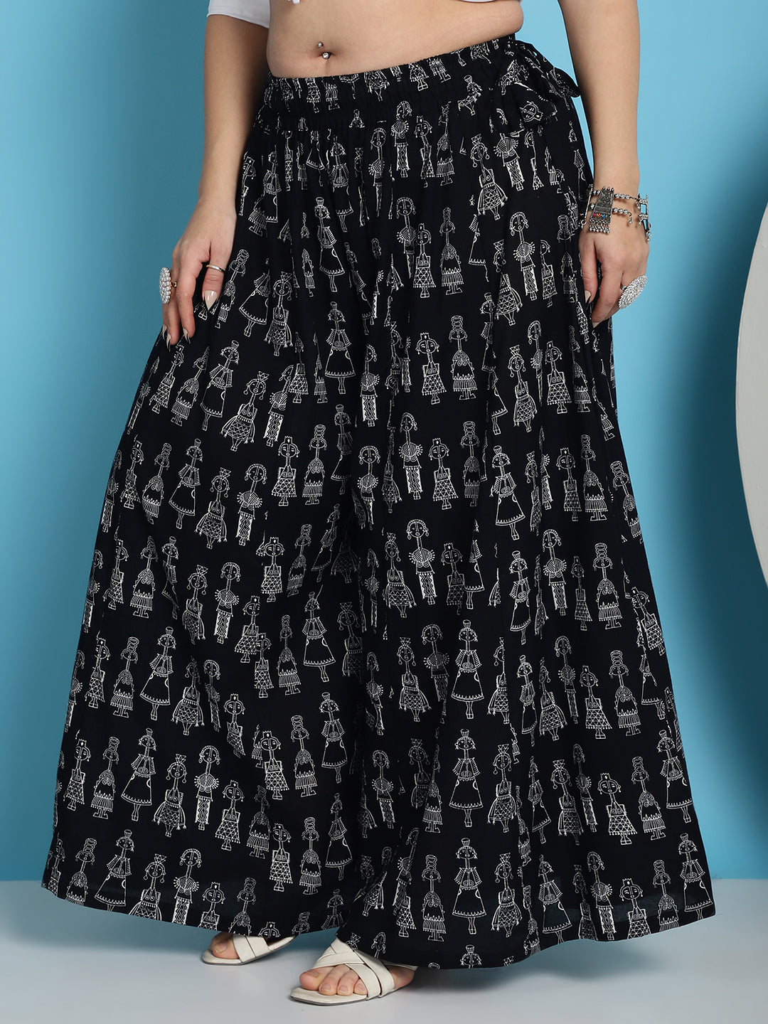 Black Warli Print Cotton Flared Kali Palazzo