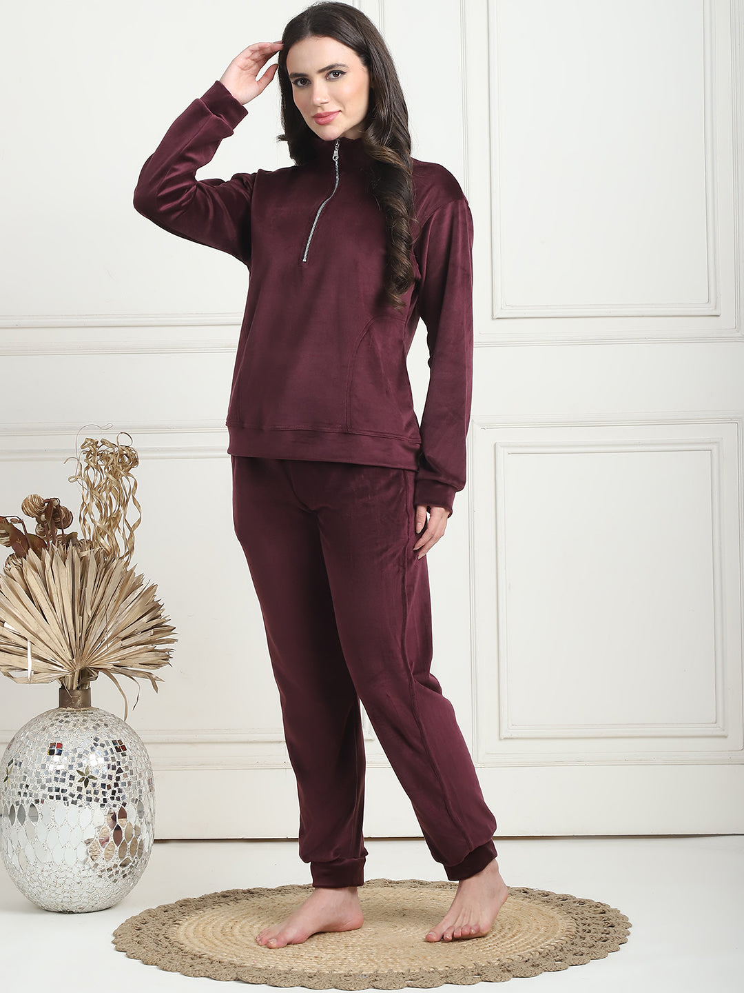 Wine Velvet Zip Lounge Set