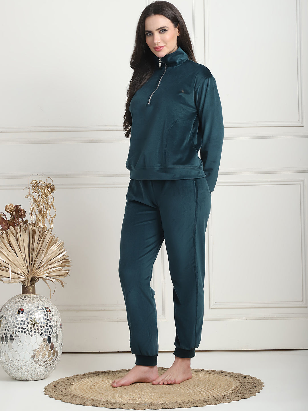 Bottle Green Velvet Zip Lounge Set