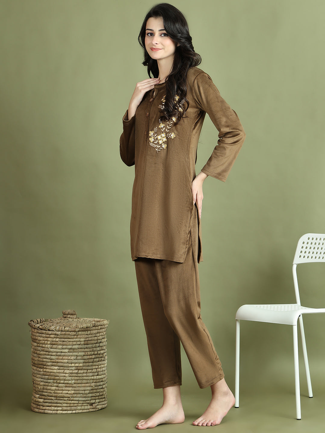 Brown Embroidery Velvet Lounge Set