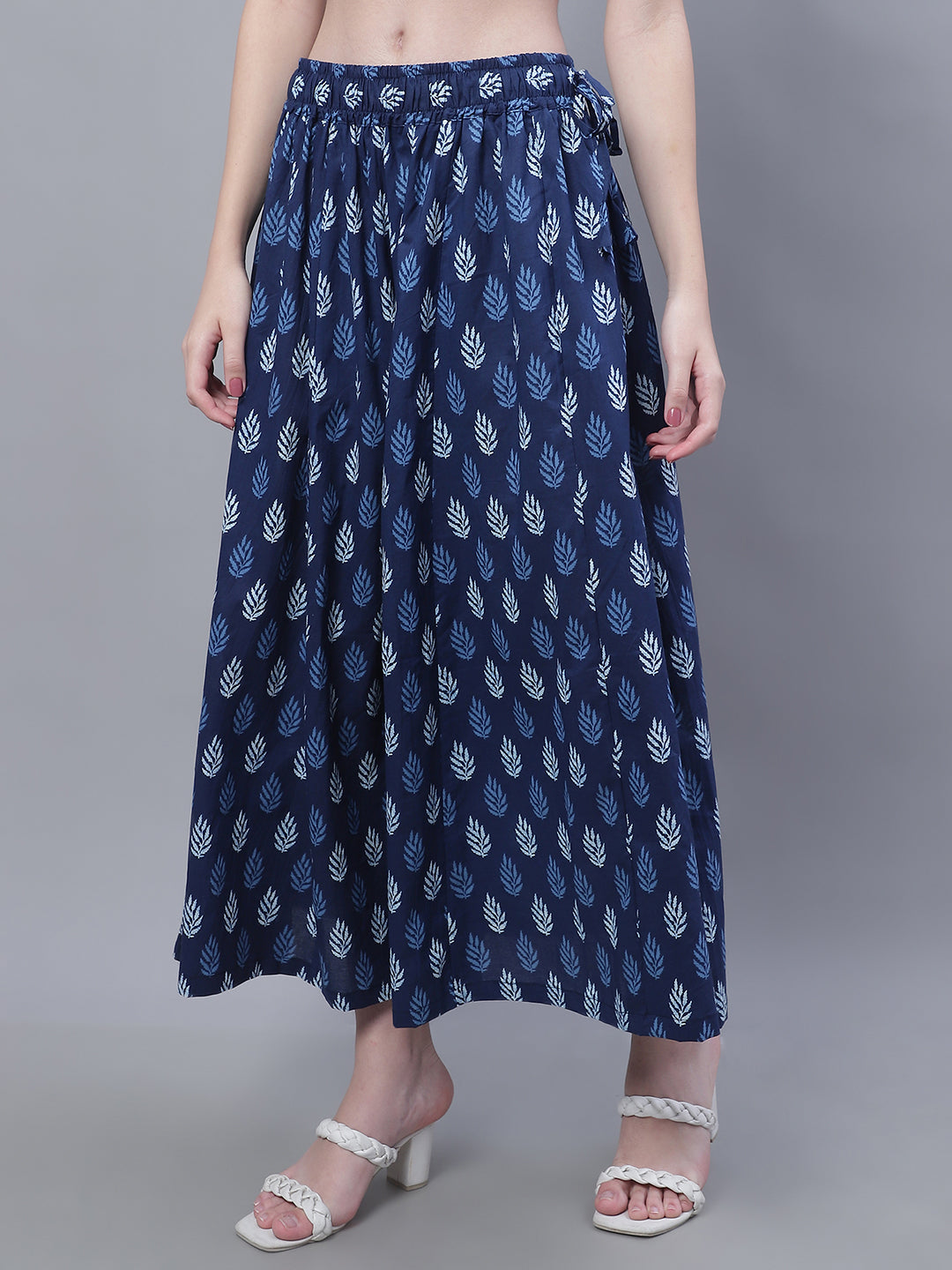 Indigo Blue Leaf Cotton Print Flared Palazzo