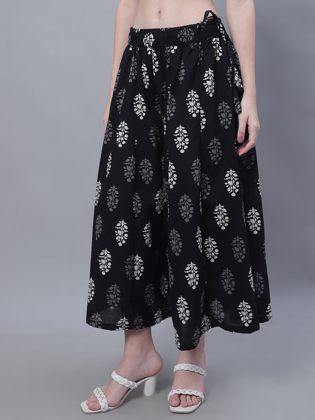 Black Block Cotton Print Flared Palazzo