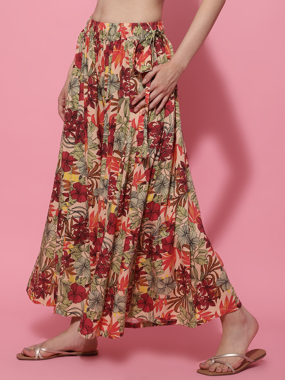 Multi Floral Print Rayon Flared Palazzo