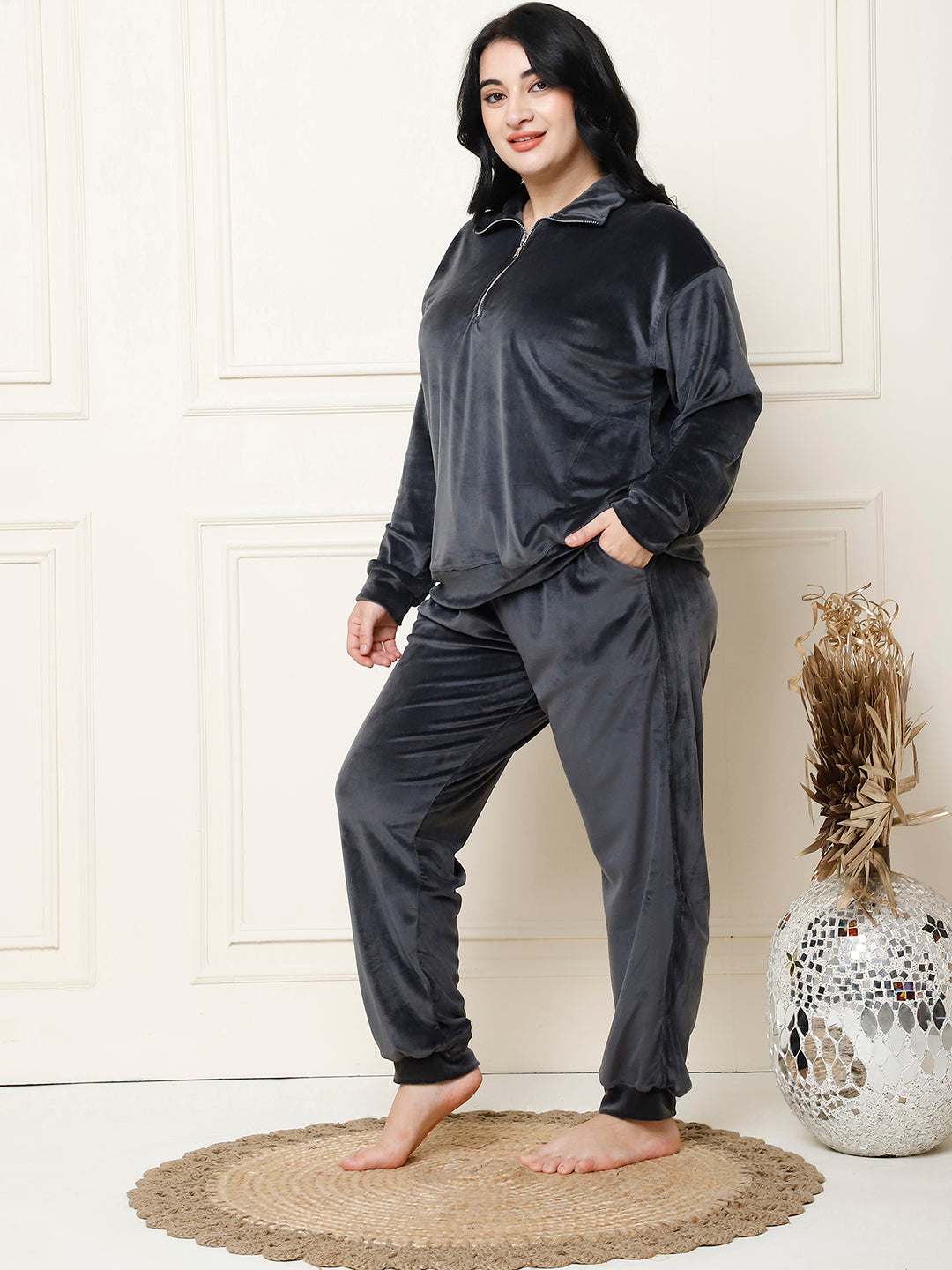 Dark Grey Velvet Zip Lounge Set