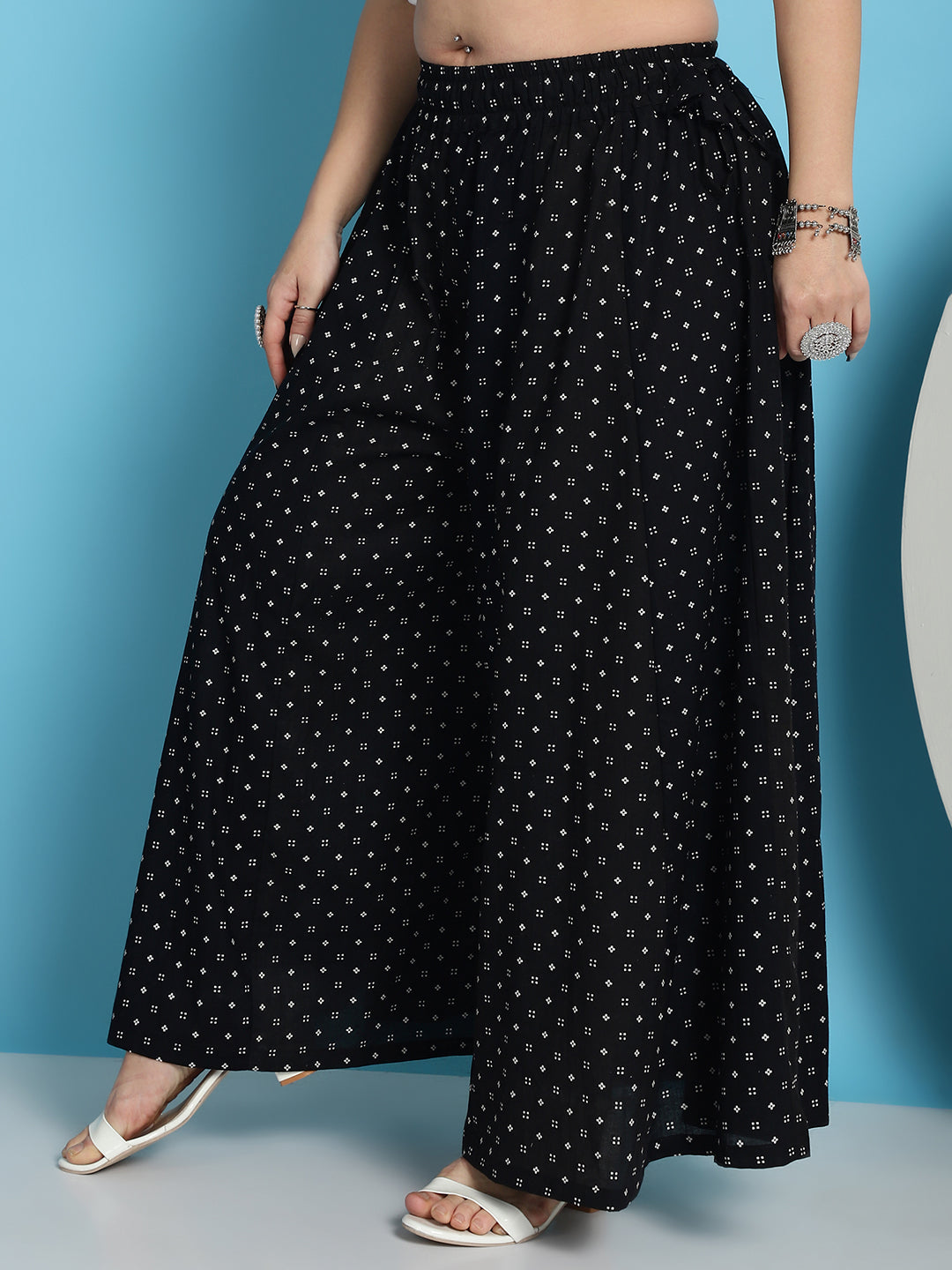 Black Printed Cotton Flared Kali Palazzo
