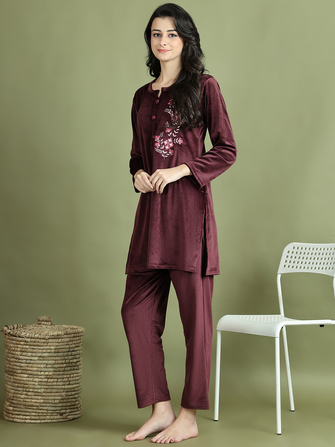 Wine Embroidery Velvet Lounge Set
