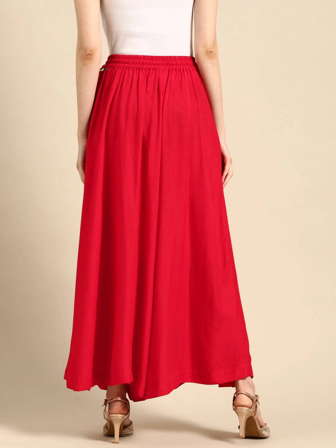 Red rayon double flared palazzo
