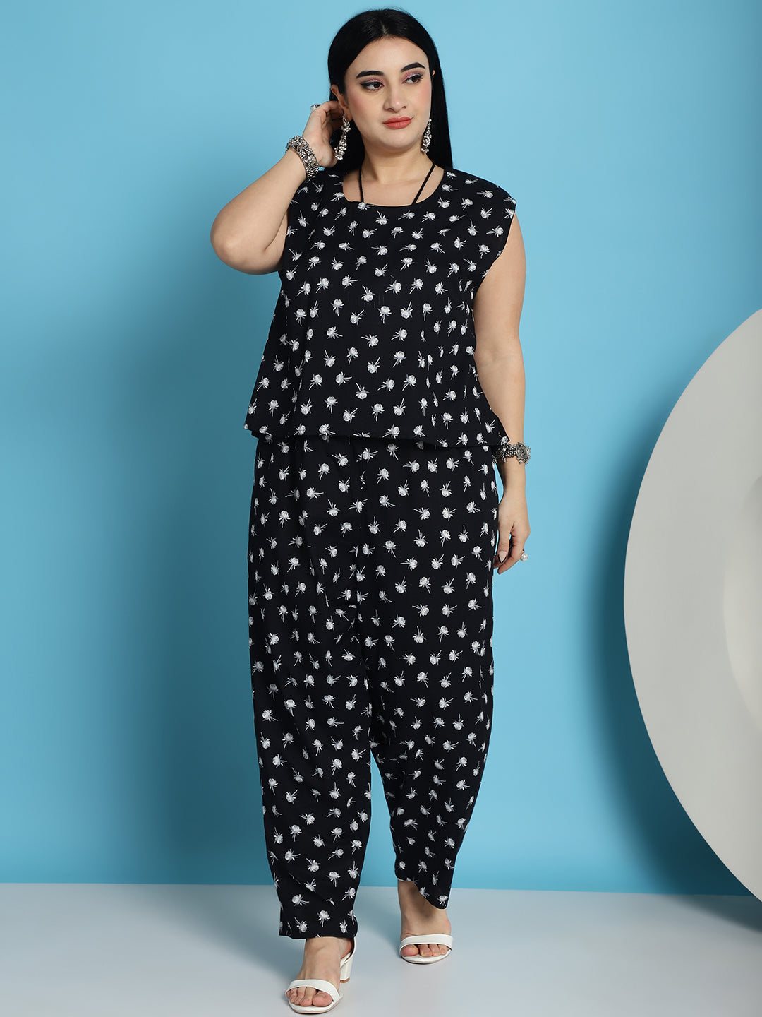 Plus Size Black Floral Print Cotton Slip And Shrug With Pant Set