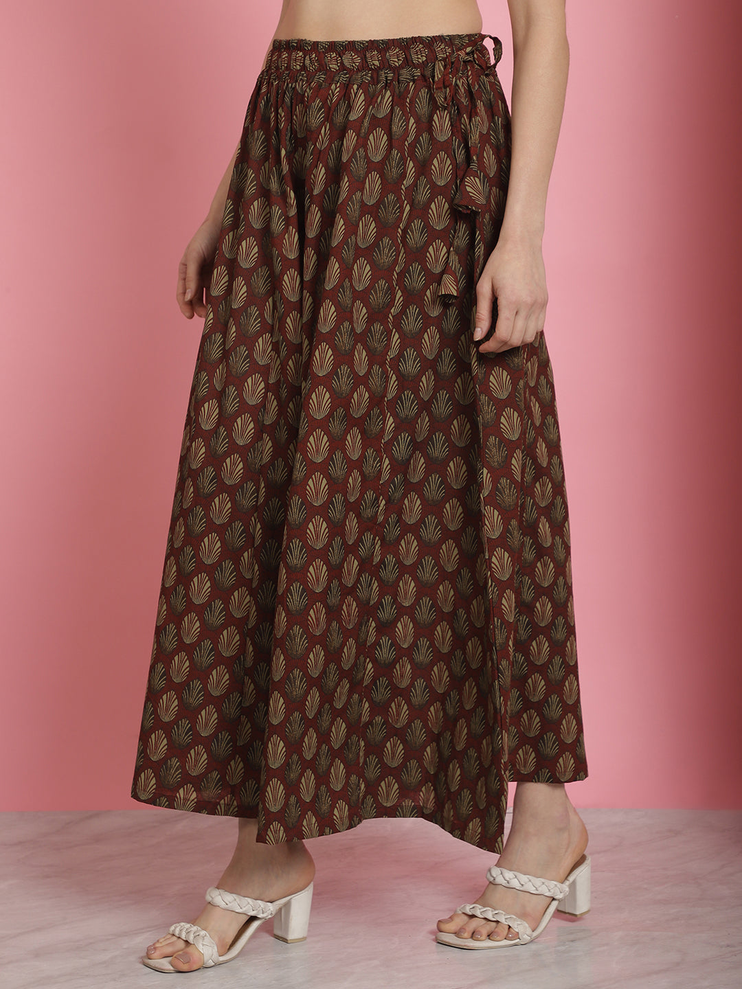Red Printed Cotton Flared Kali Palazzo