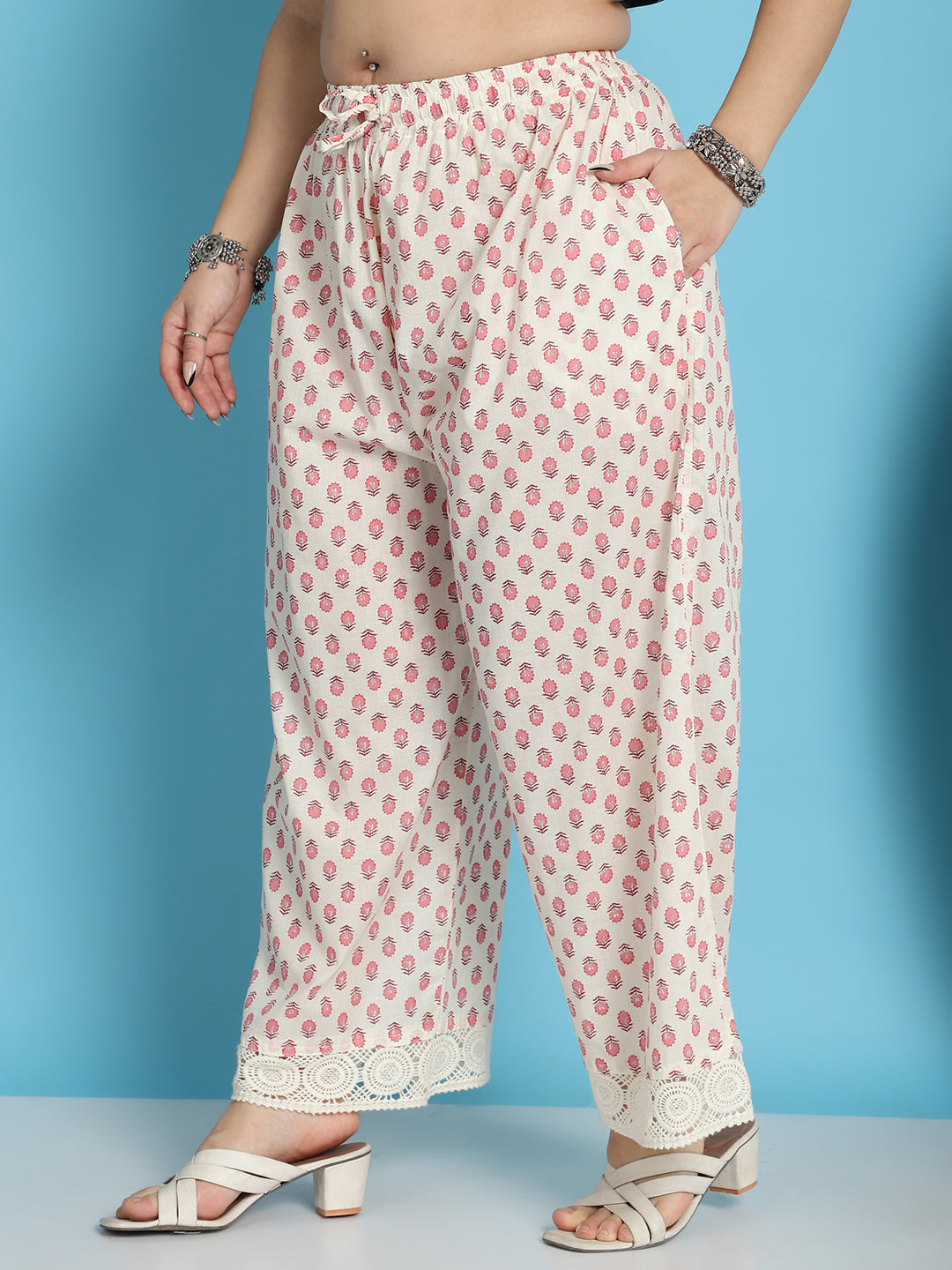 White Pink Booti Cotton Flax Crotchet Lace Palazzo