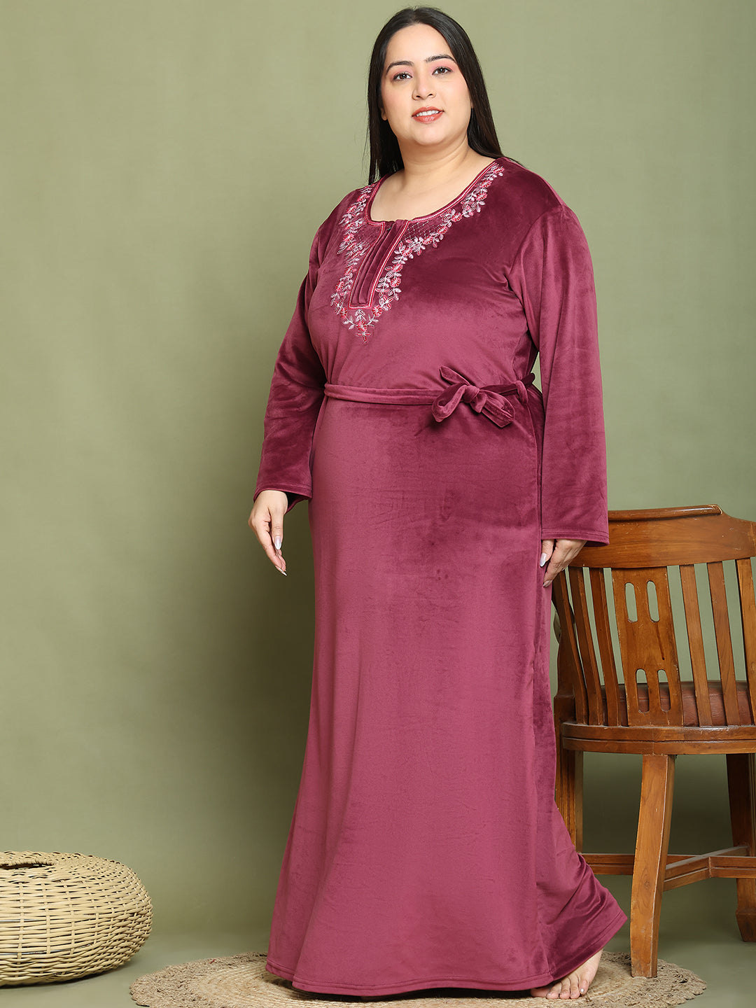 Wine Embroidery Velvet Night Dress