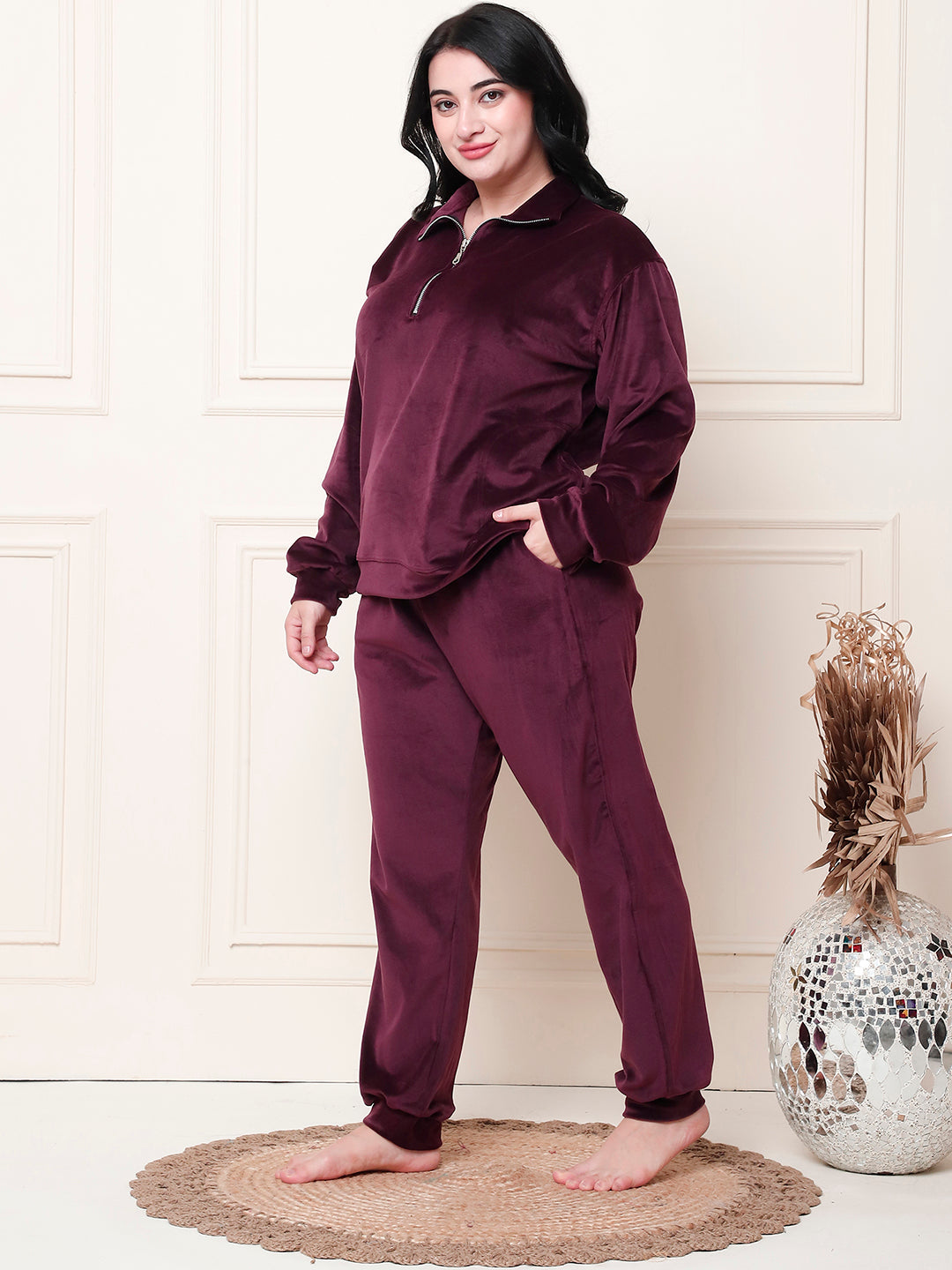 Wine Velvet Zip Lounge Set