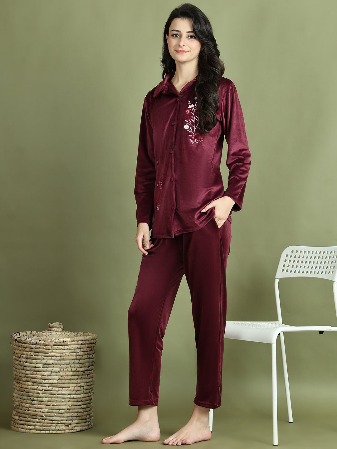 Wine Embroidery Velvet Lounge Set