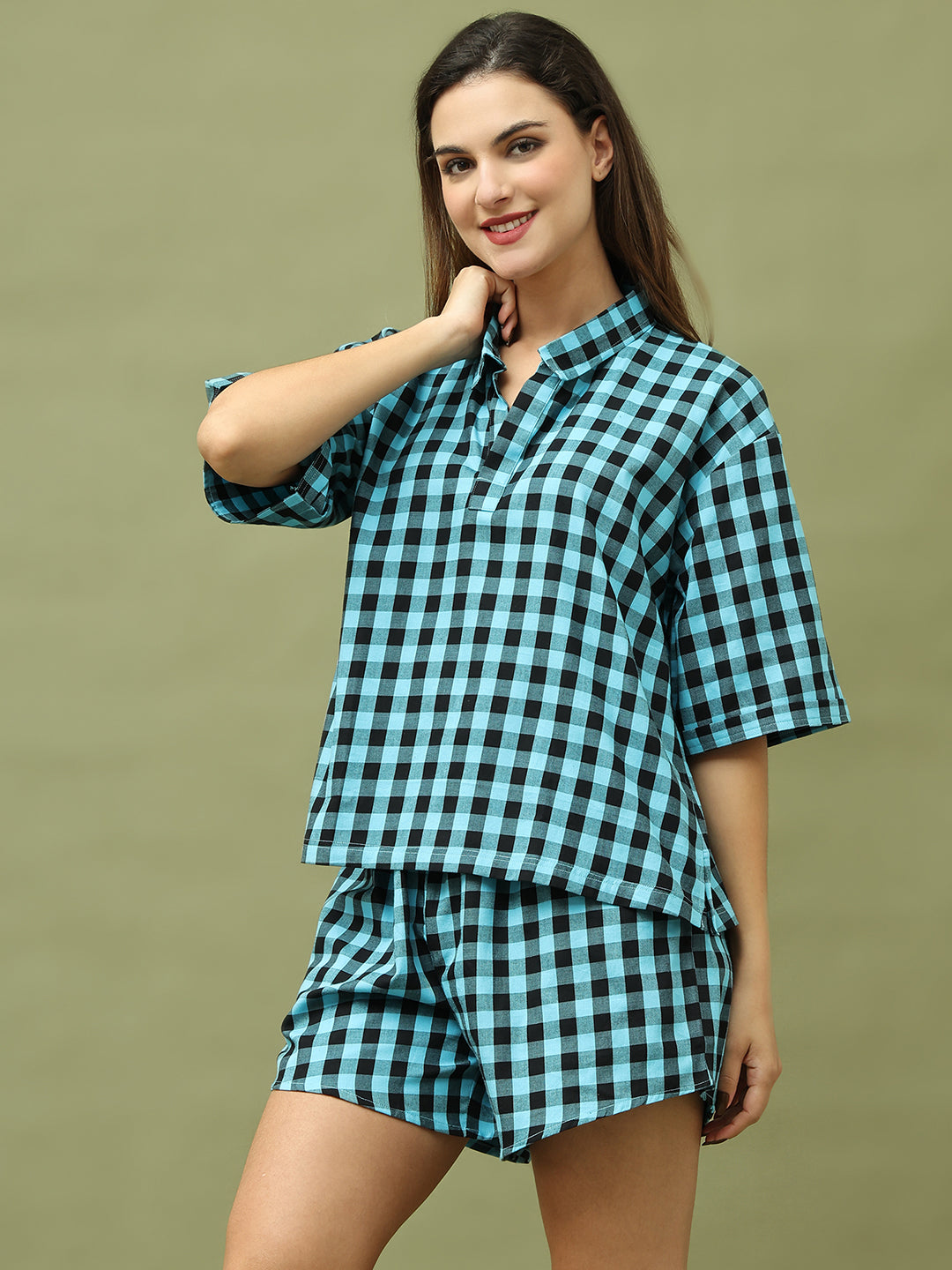 Blue Black Checks Top and Shorts Set