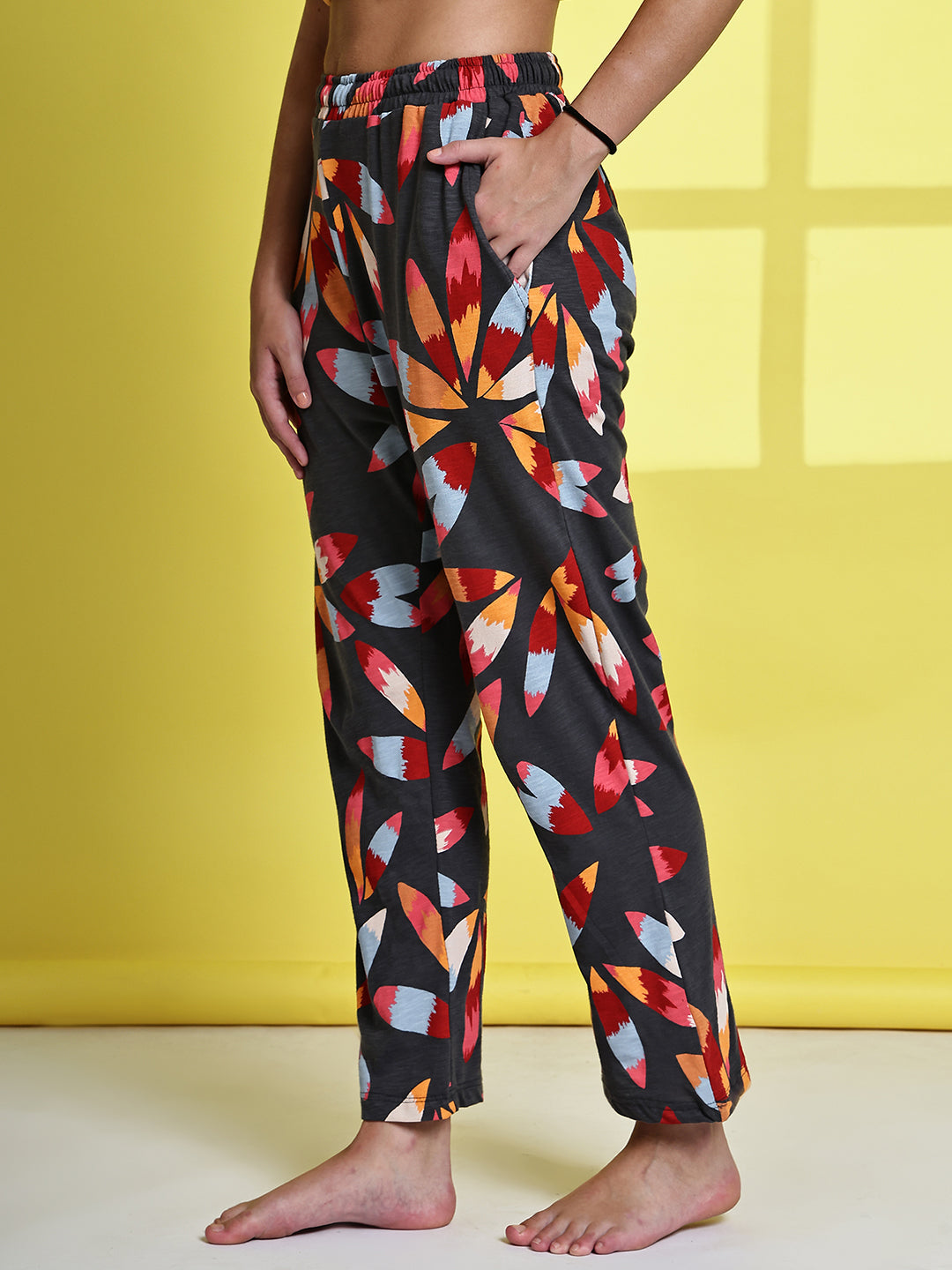 Grey Flower Cotton Hosiery Lounge Pant