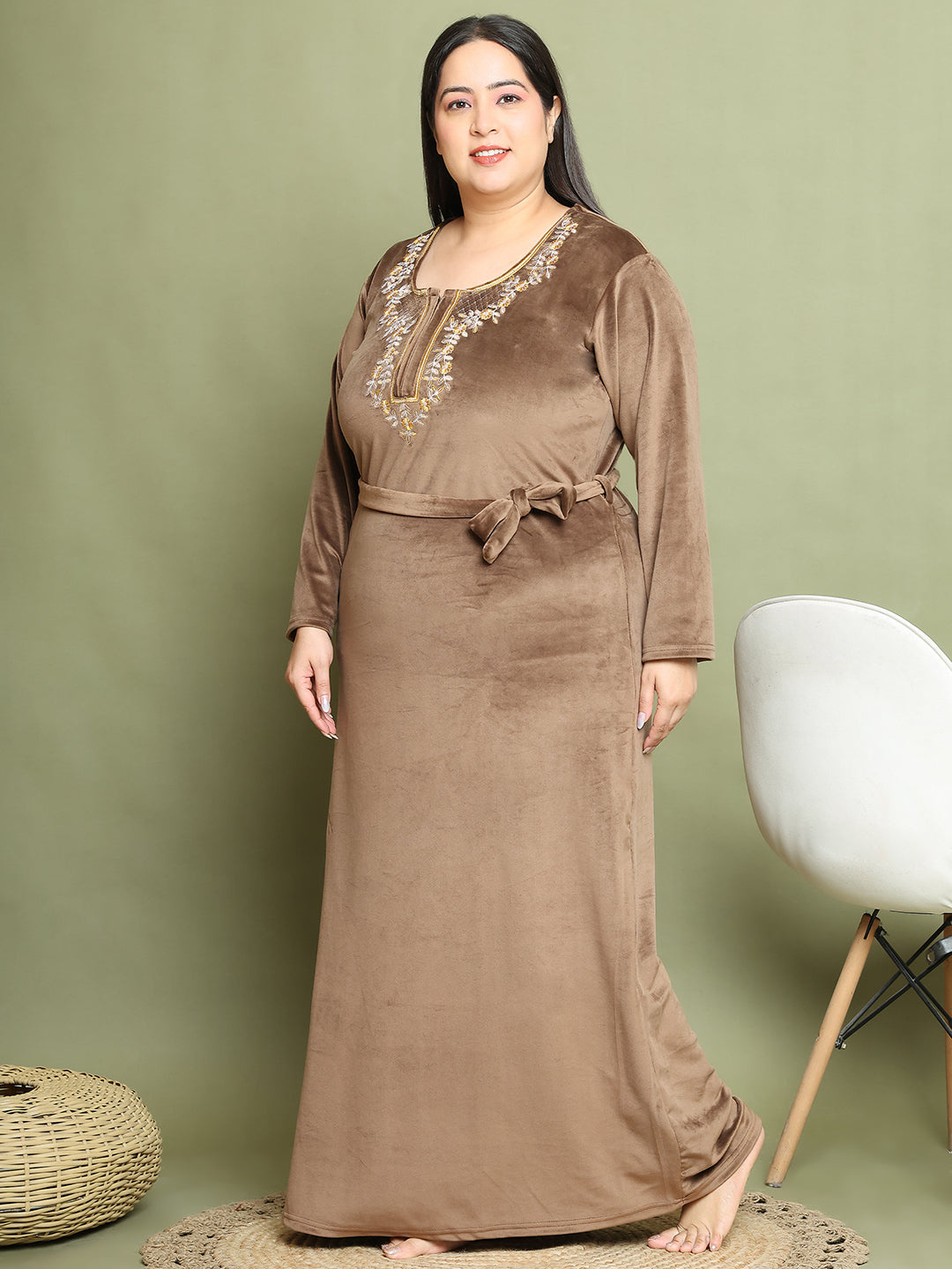 Brown Embroidery Velvet Night Dress