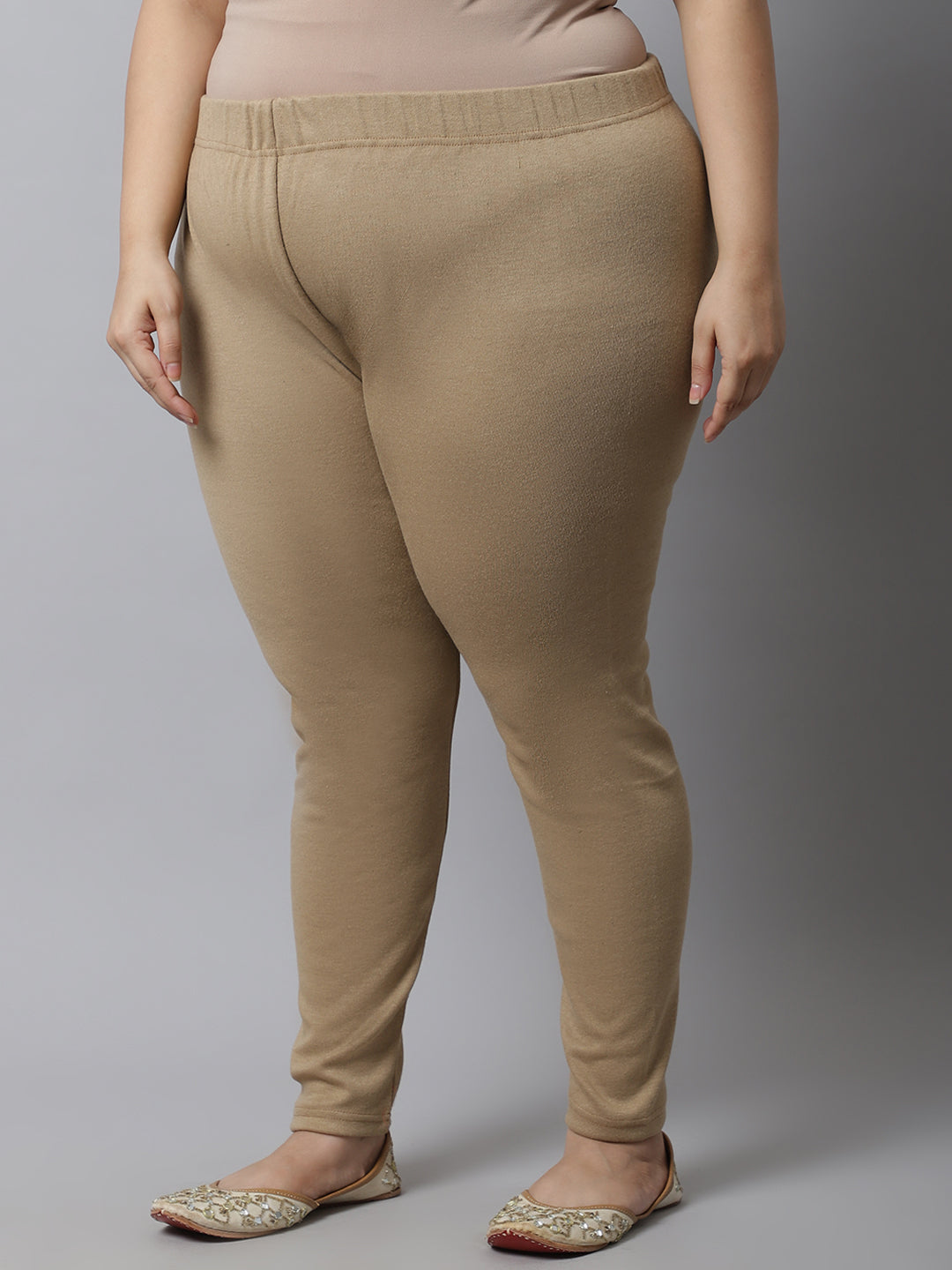Light Beige Woolen Ankle-Length Plus Legging