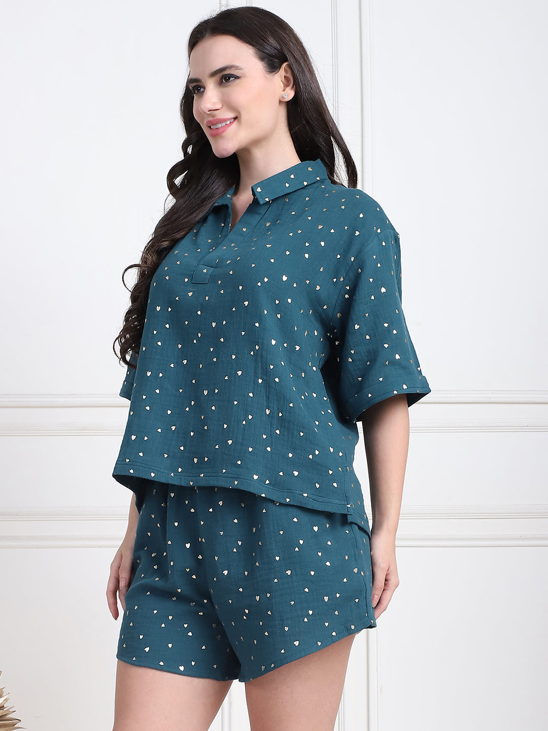 Dark Green Foil Print and Shorts Set