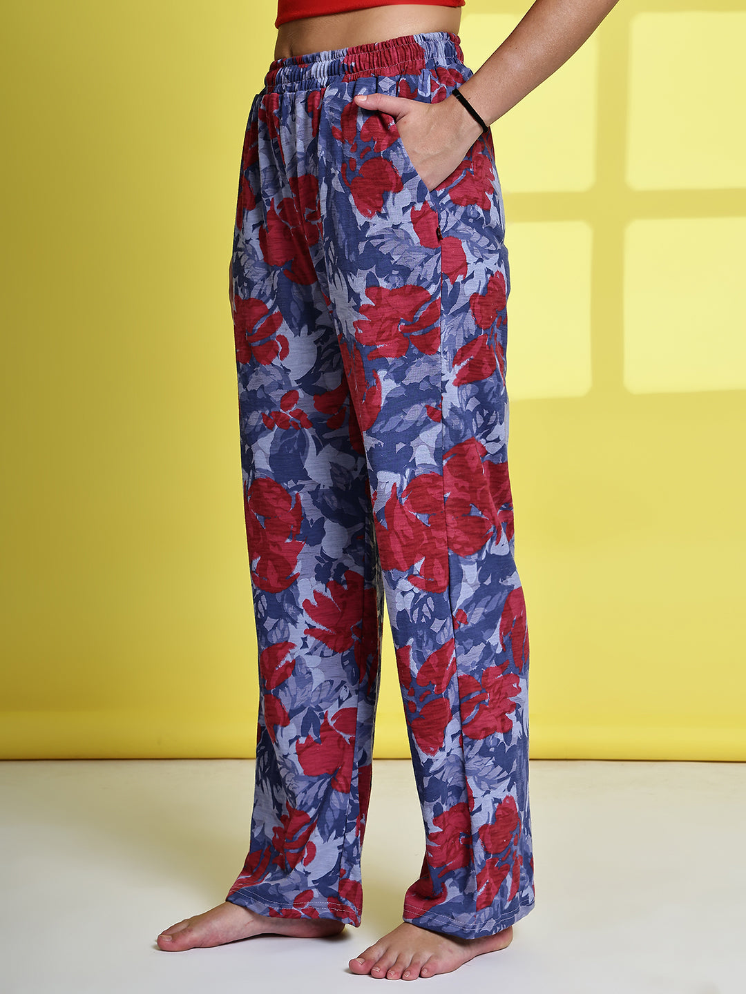 Grey Red Flower Cotton Hosiery Lounge Pant