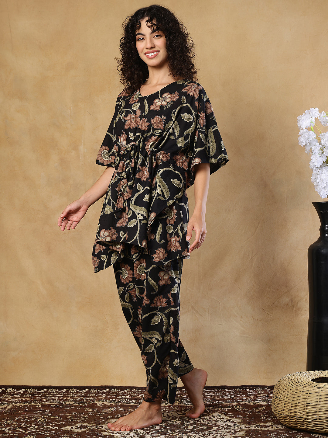 Midnight Blossom Cotton Kaftan Set