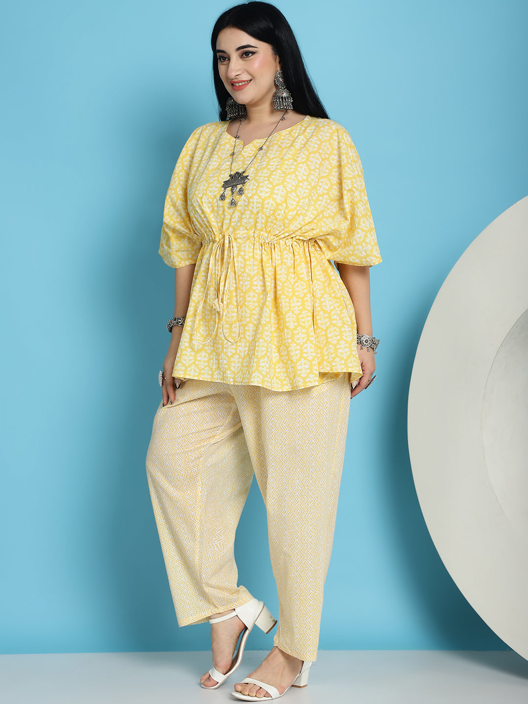 Plus Size Yellow Printed Cotton Kaftan And Pant Set