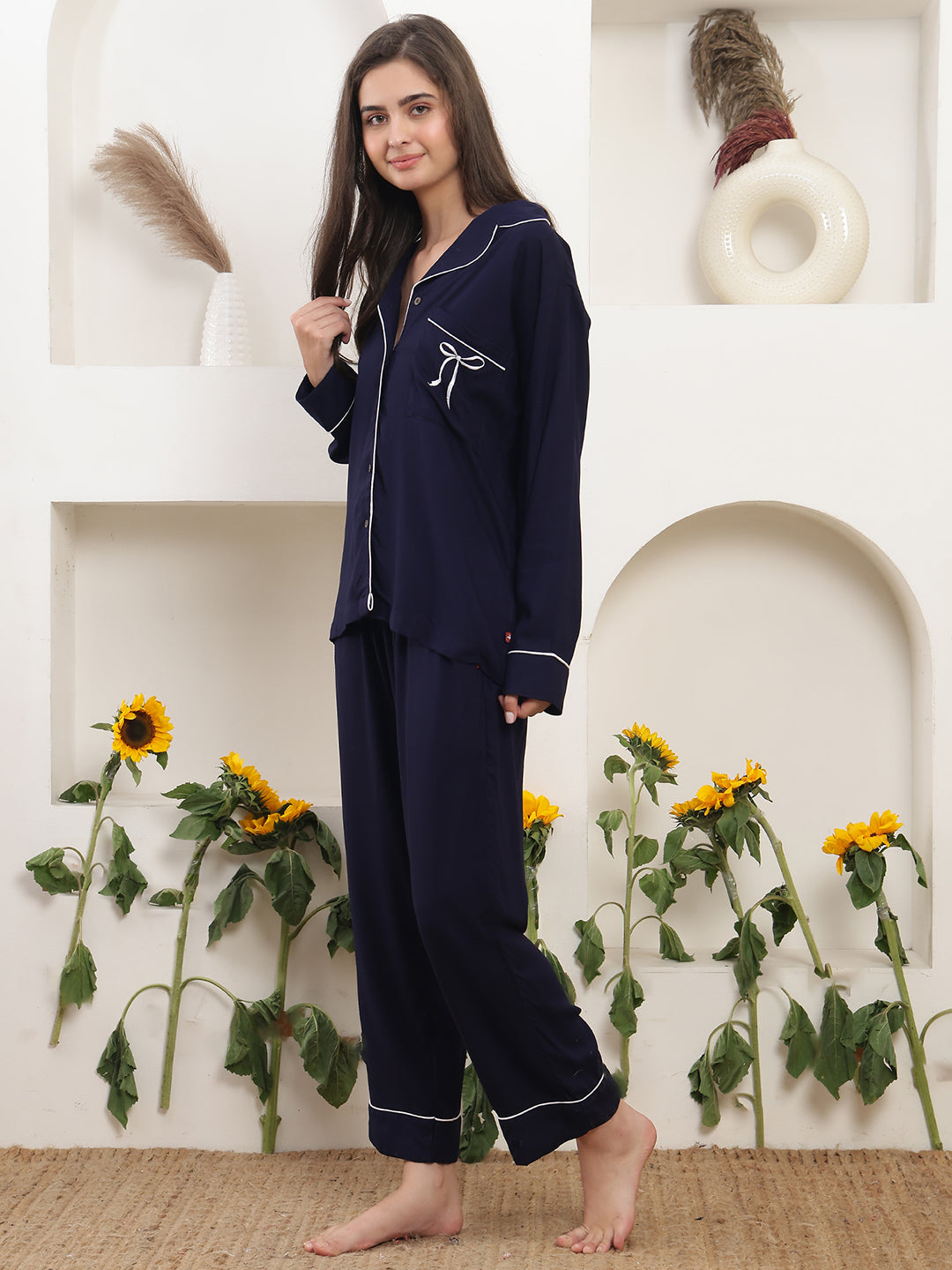 Soft Girl Bow Embroidery Night Suit