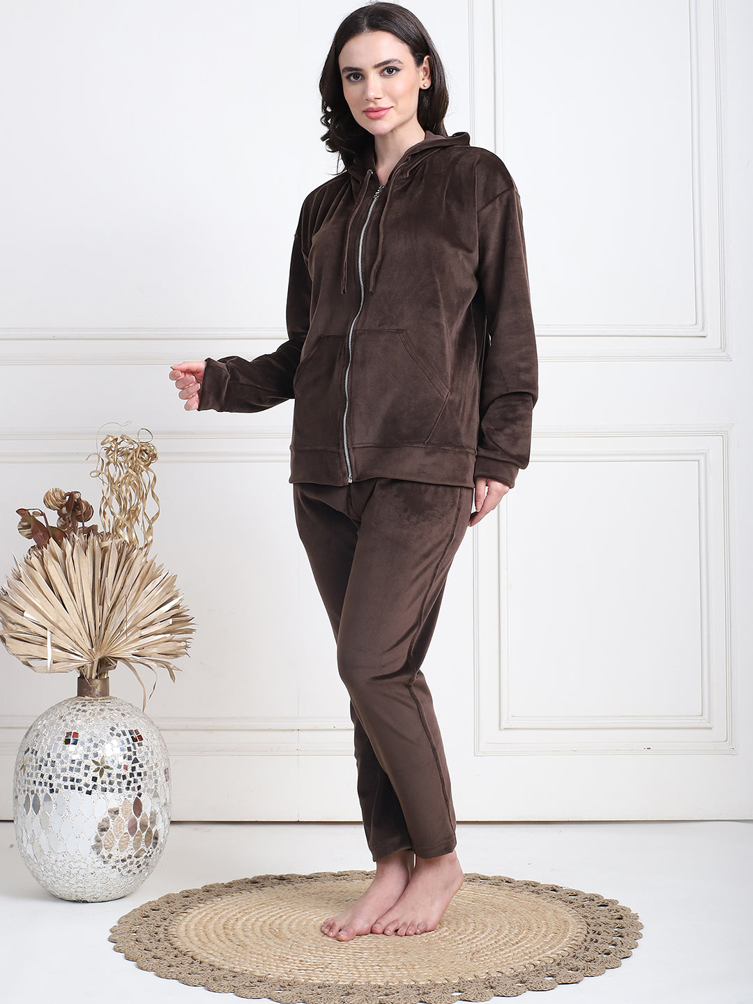 Brown Velvet Hoodie Lounge Set