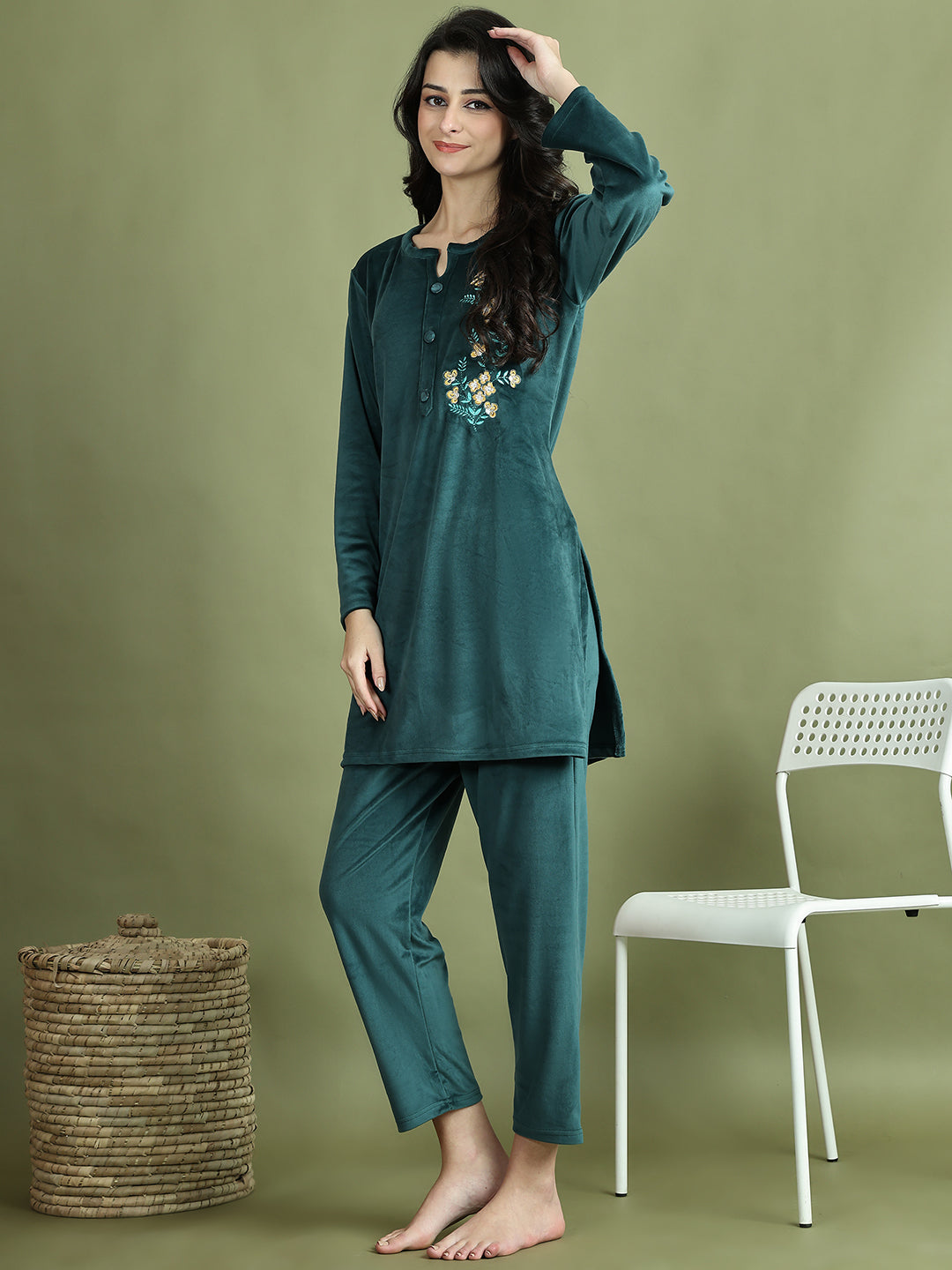 Bottle Green Embroidery Velvet Lounge Set