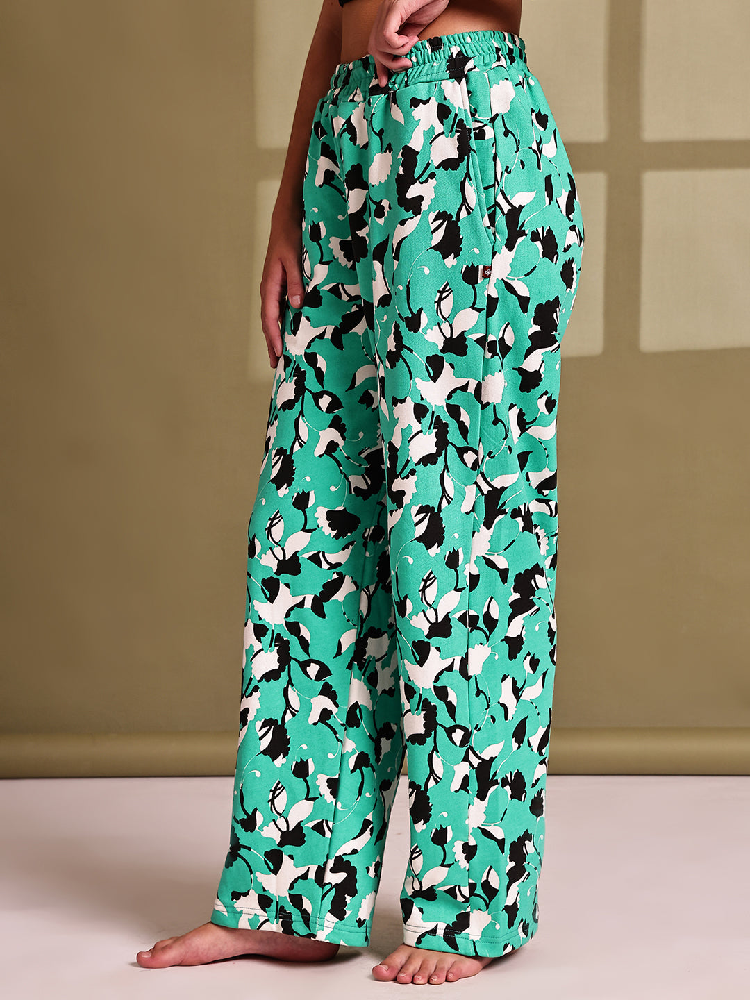Green Floral  Terry Cotton Hosiery Lounge Pant