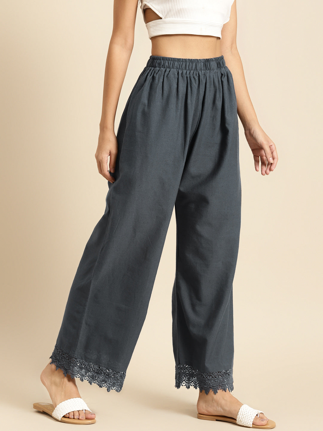 Grey Crotchet Lace Cotton Flax Palazzo