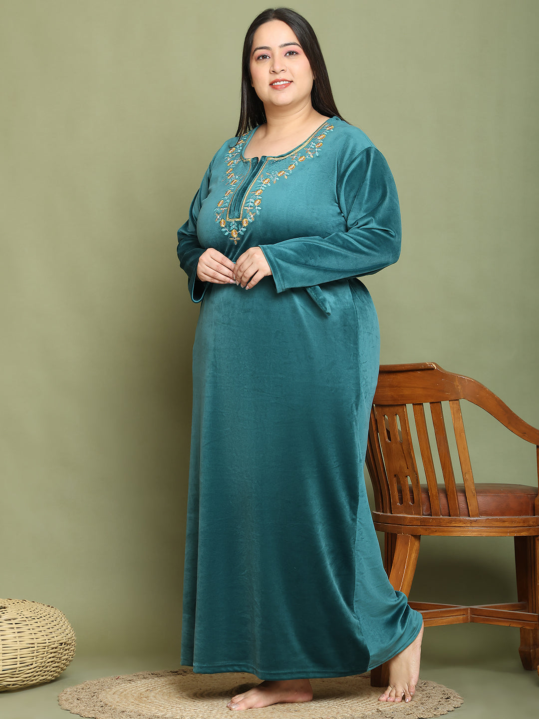 Bottle Green Embroidery Velvet Night Dress