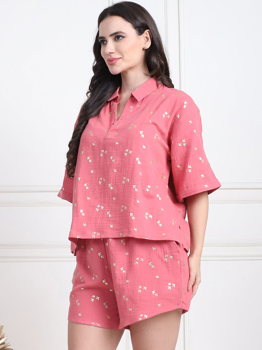 Pink Foil Print And Shorts Set