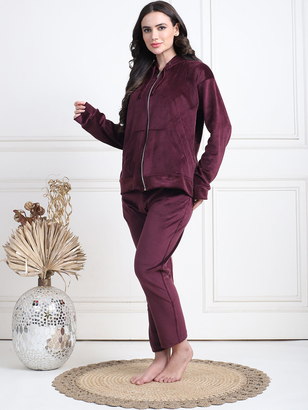 Wine Velvet Hoodie Lounge Set