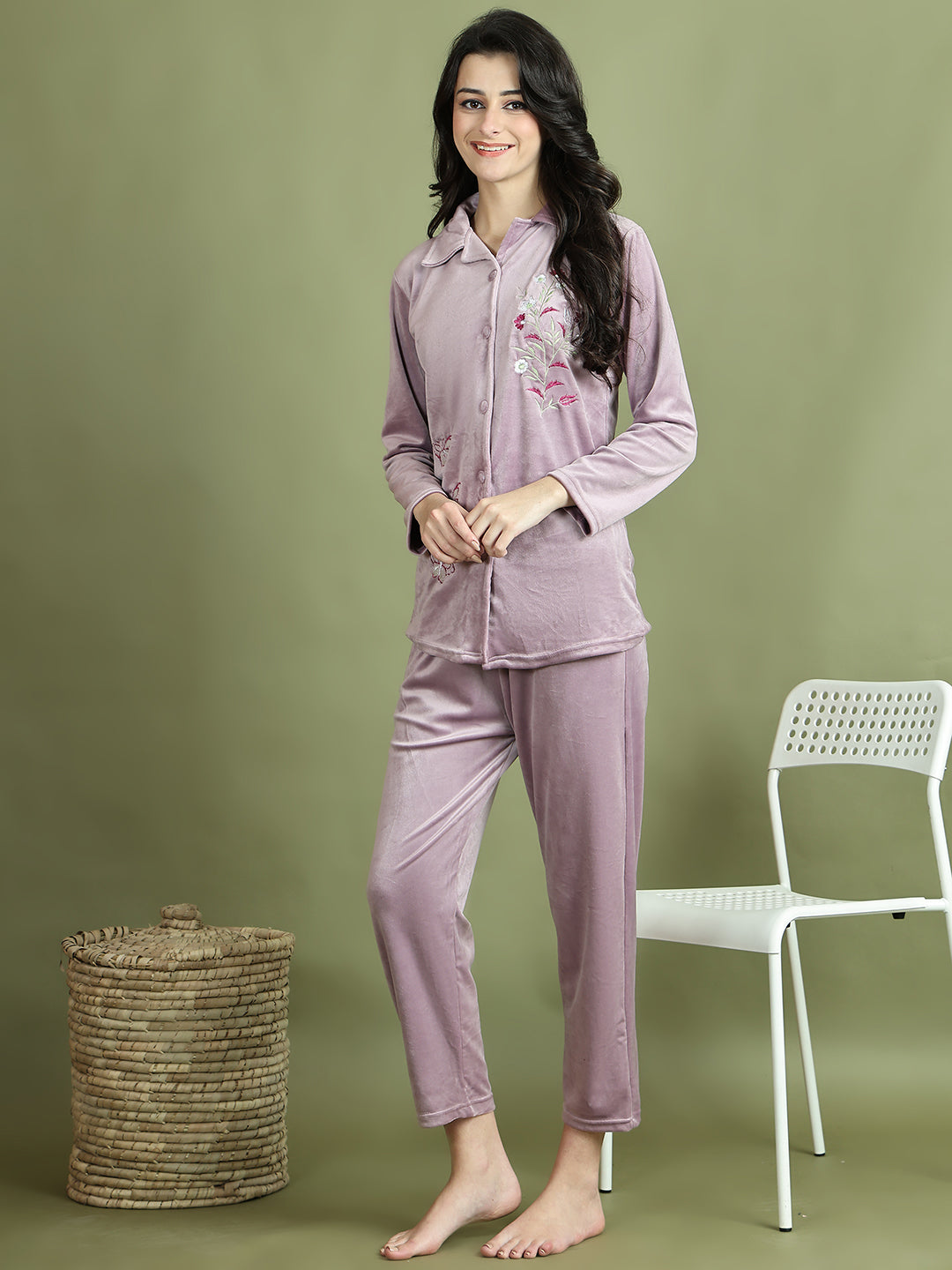 Lavender Embroidery Velvet Lounge Set