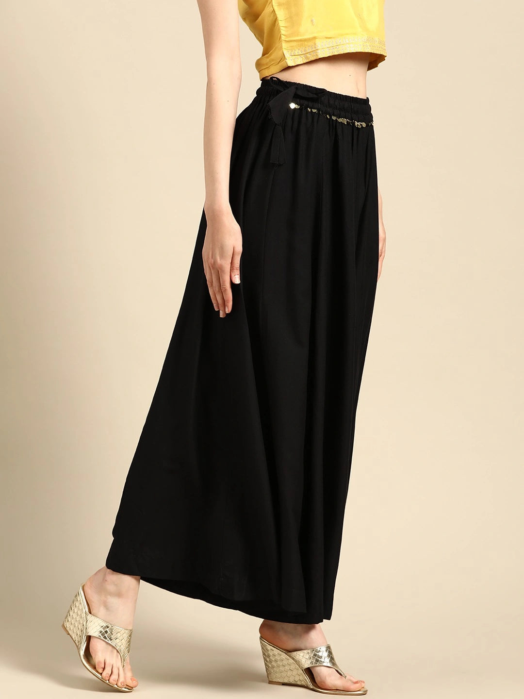 Black rayon double flared palazzo