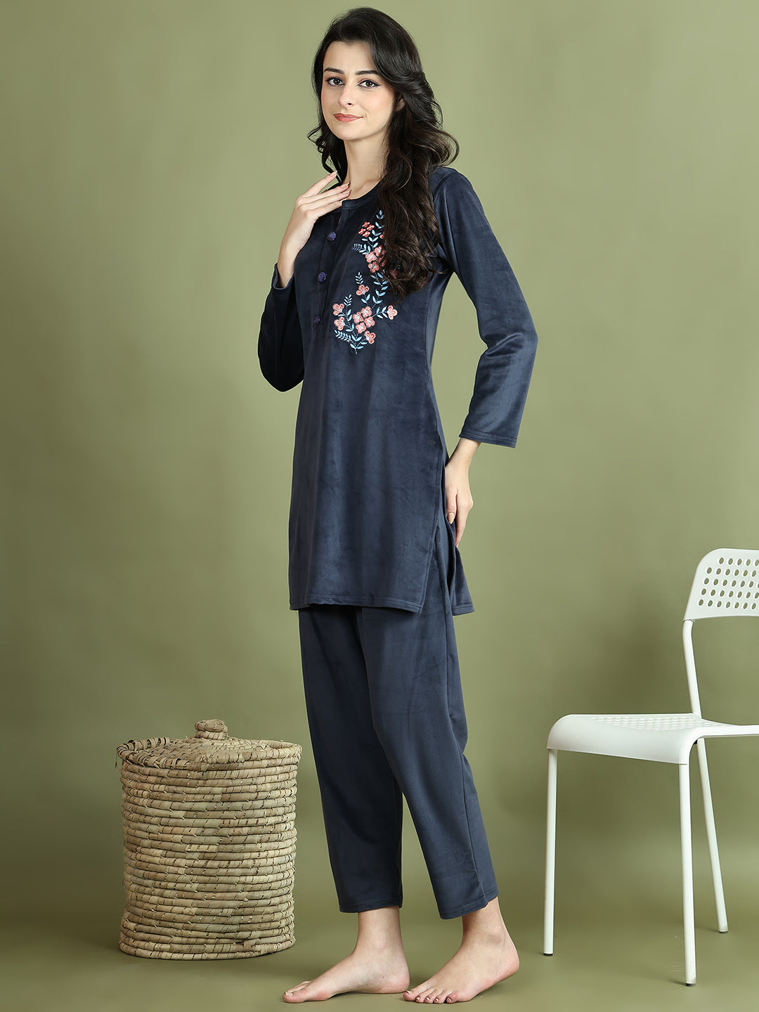 Navy Blue Embroidery Velvet Lounge Set